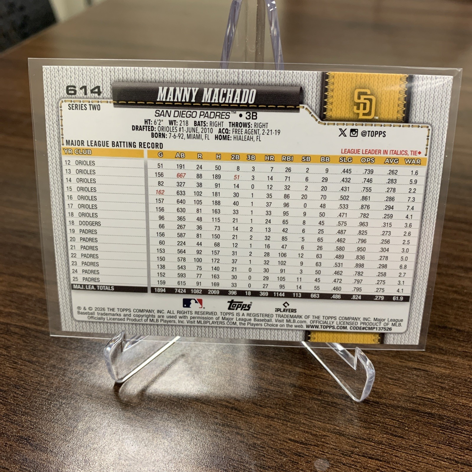 Manny Machado Padres 2026 Topps Series 2 Orange Sun Holiday Foil #614