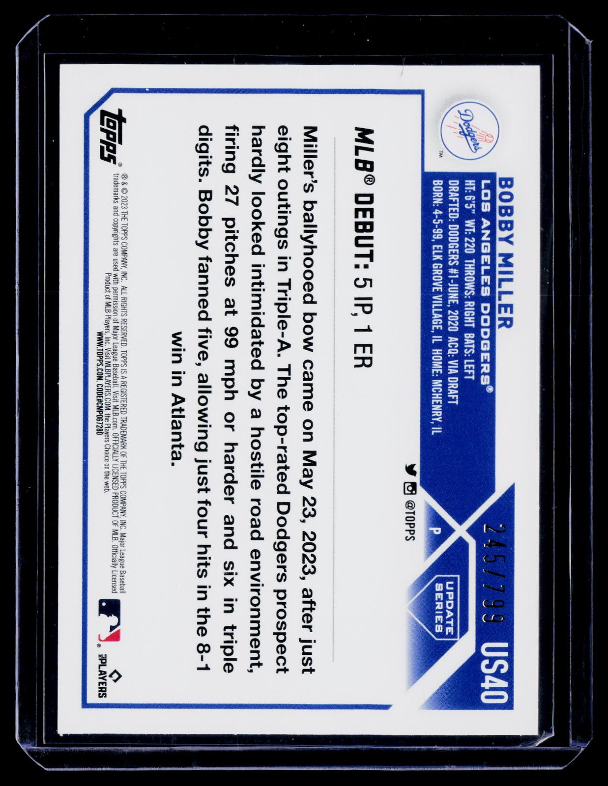2023 Topps Update #US40 Bobby Miller Purple Foil #/799