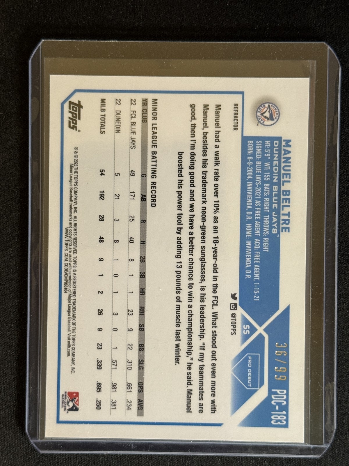 2023 Topps Pro Debut #PDC-183 Manuel Beltre Chrome Refractor #/99