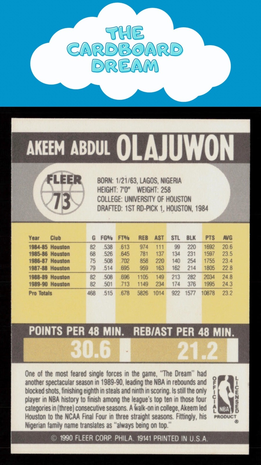 Akeem Olajuwon 1990-91 Fleer #73 HOF Houston Rockets Basketball Card