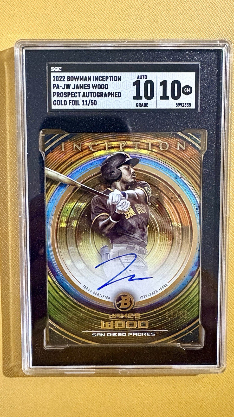 2022 Bowman Inception James Wood Gold Foil Auto /50 SGC 10 Auto 10 Nationals