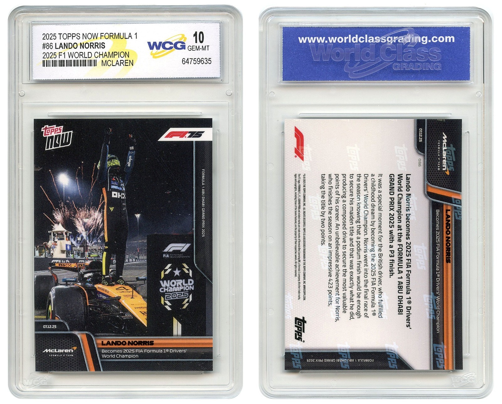 2025 Topps Formula 1 LANDO NORRIS 2025 F1 WORLD CHAMPION Card #86 GEM-MINT 10