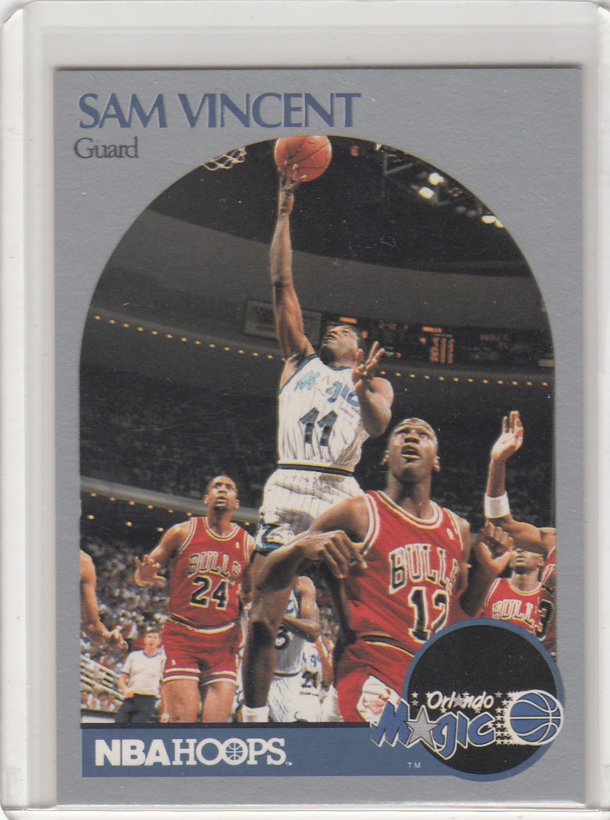 1990 Hoops Basketball Card #233 Sam Vincent w/Michael Jordan Jersey #12 – NM-Mt