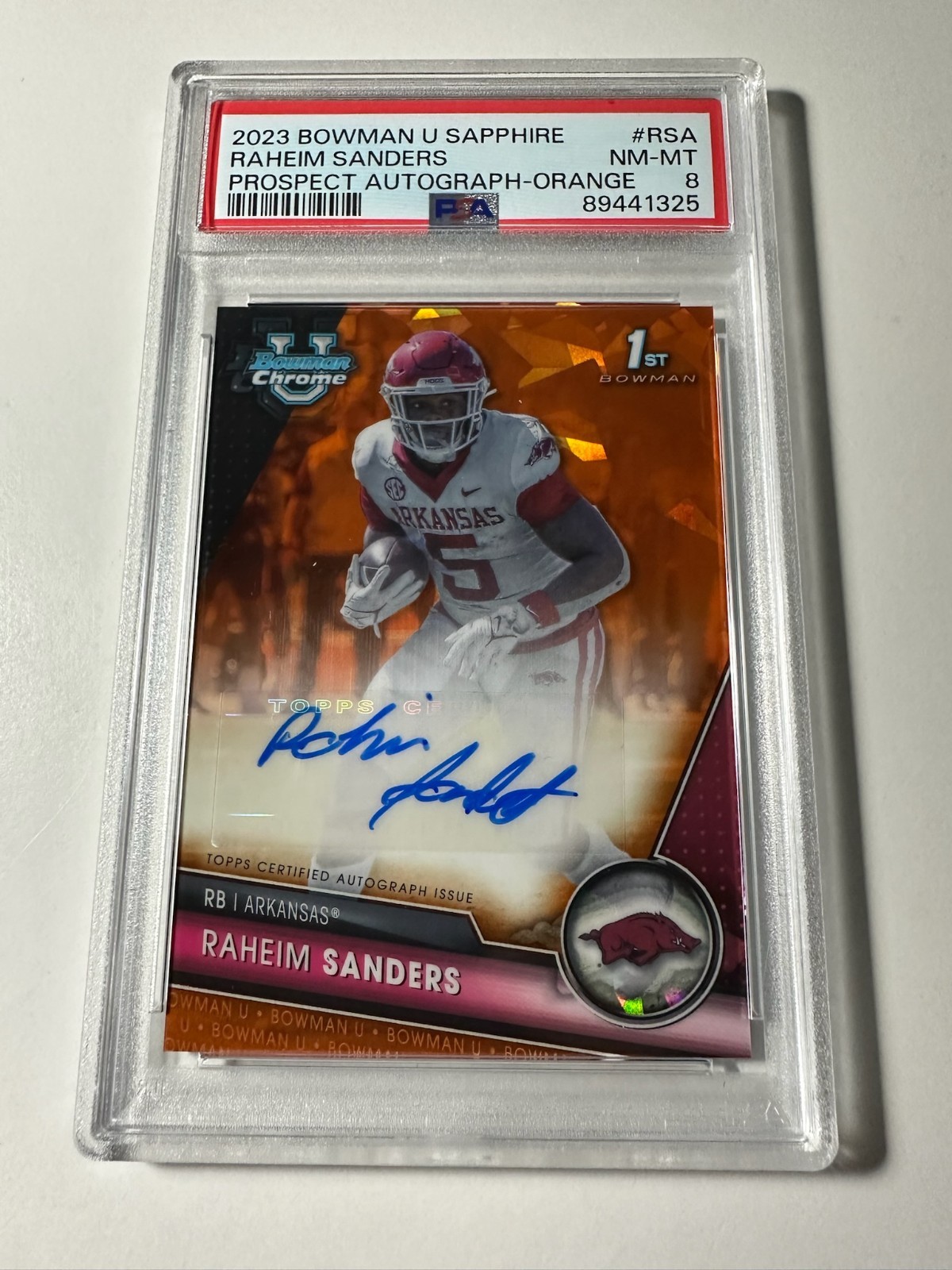 2023 Bowman University Chrome Sapphire Raheim Sanders Orange Auto /25 PSA 8 RC