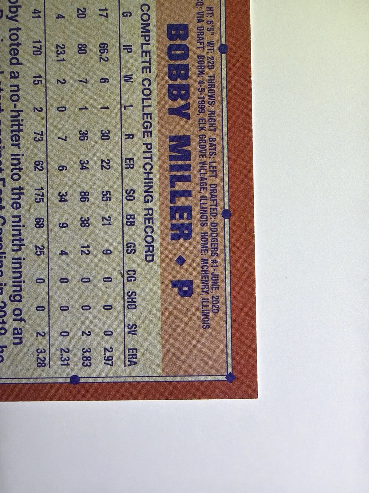 2021 Topps Pro Debut Bobby Miller Orange Auto #20/25 Dodgers Prospect Autograph