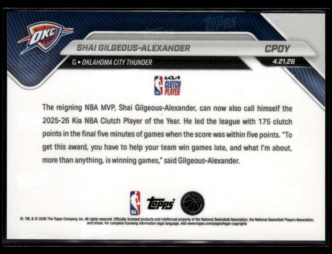 2025-26 Topps Now Clutch Player of The Year Shai Gilgeous-Alexander Thunder CPOY