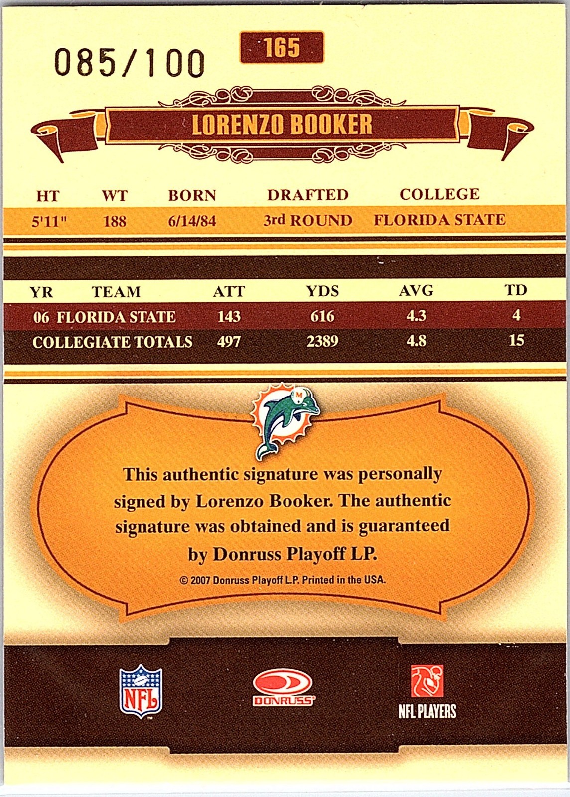 2007 Donruss Classics – Lorenzo Booker #165 Significant Signatures /100 (RC)