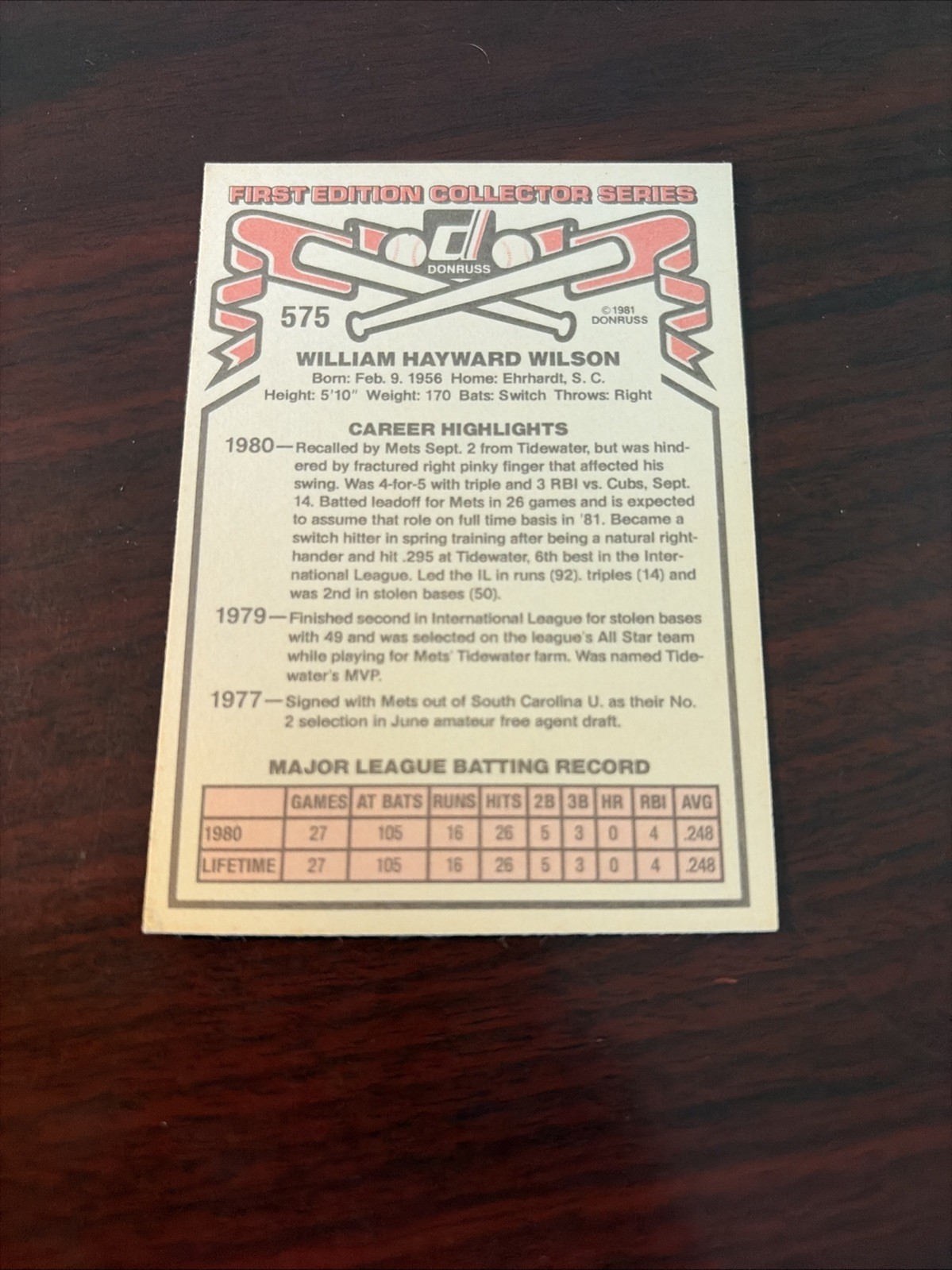 1981 Donruss – Mookie Wilson #575 RC Rookie New York Mets