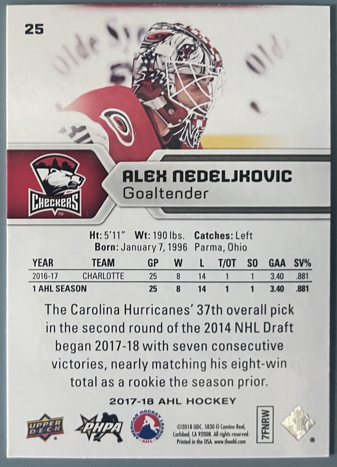 Alex Nedeljkovic Rookie 2017-18 Upper Deck AHL #25 (RC) San Jose Sharks