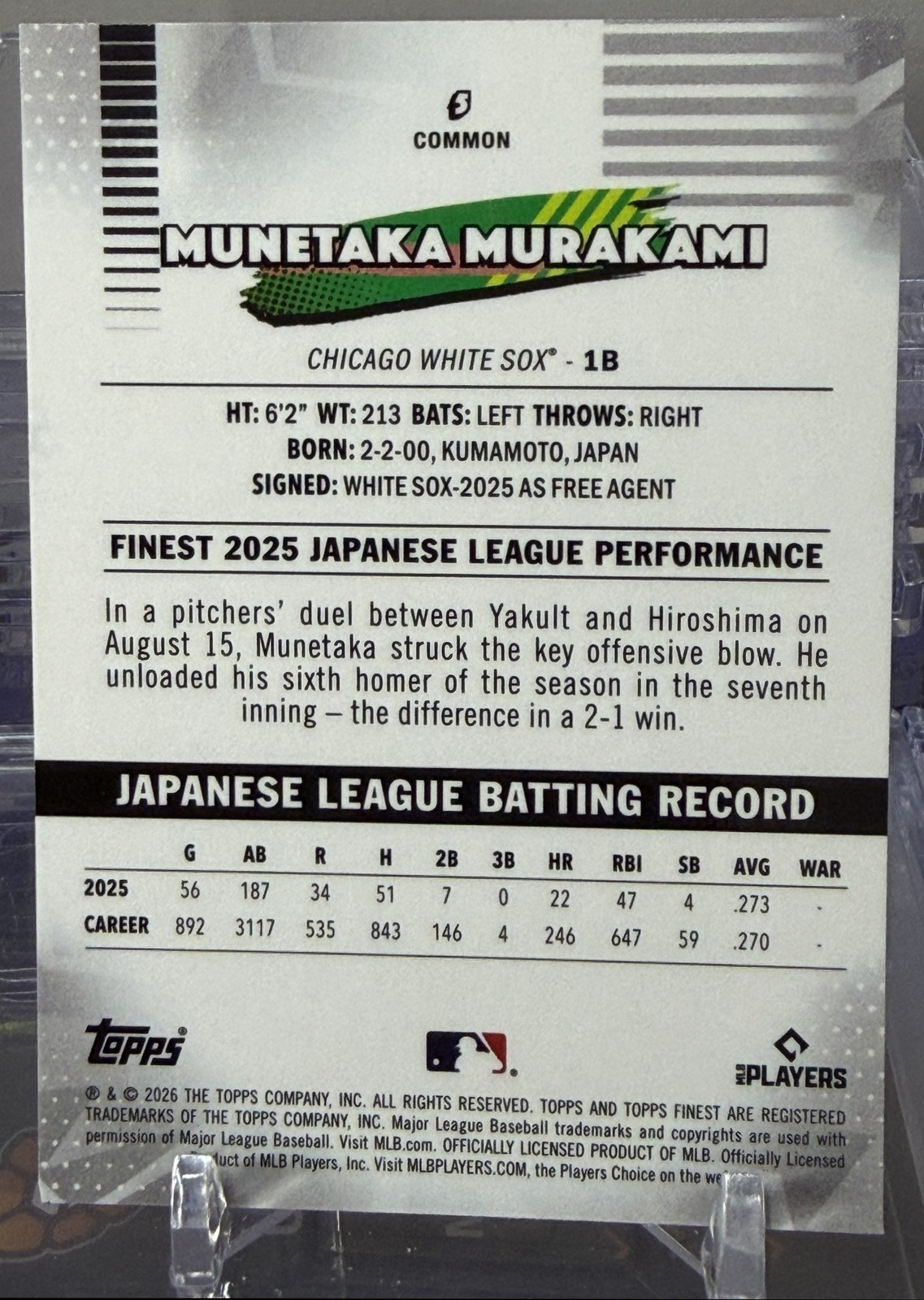 2026 Topps Finest Munetaka Murakami #5 RC White Sox