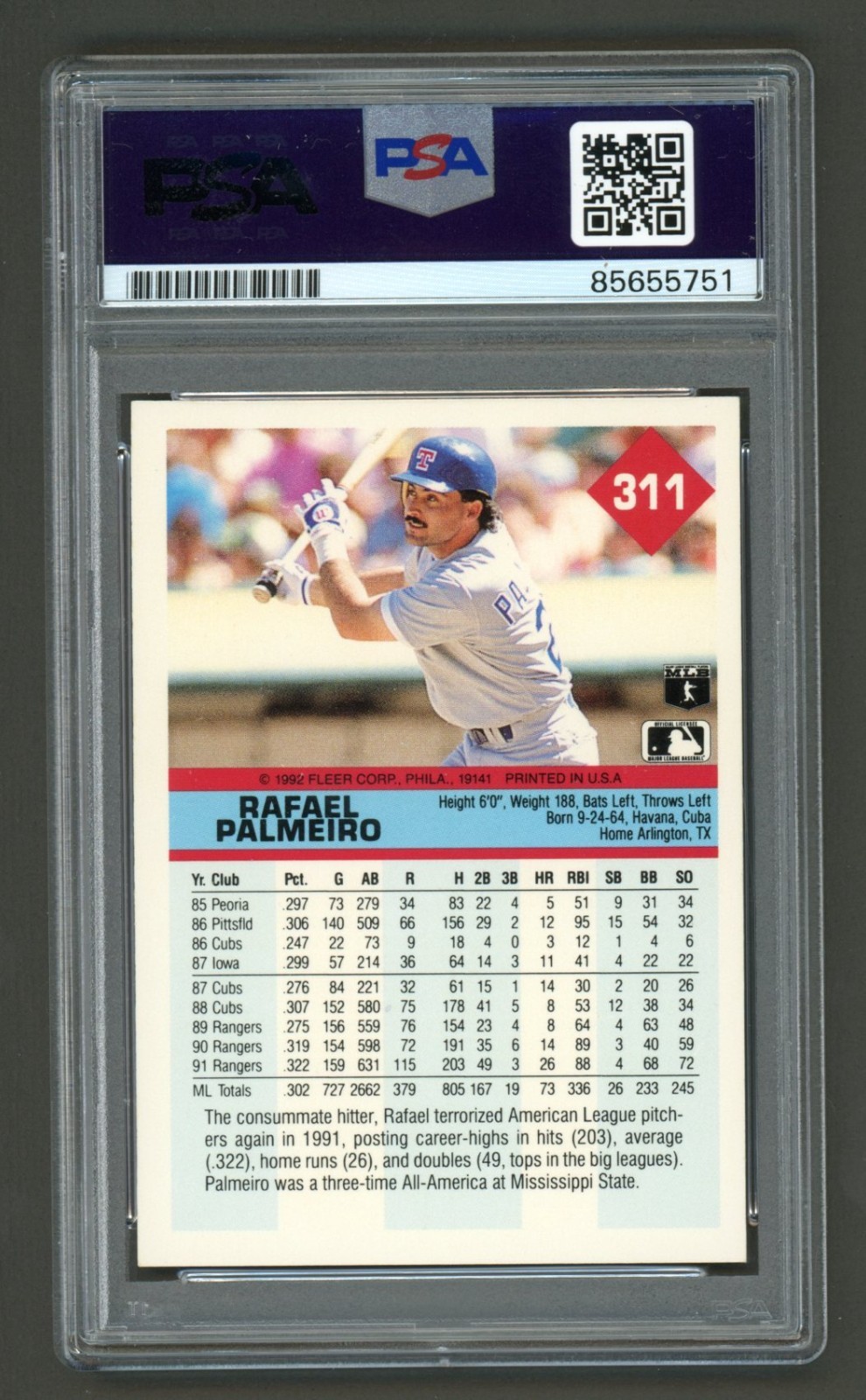 Rafael Palmeiro Signed 1992 Fleer Card #311 (PSA) Texas Rangers Auto
