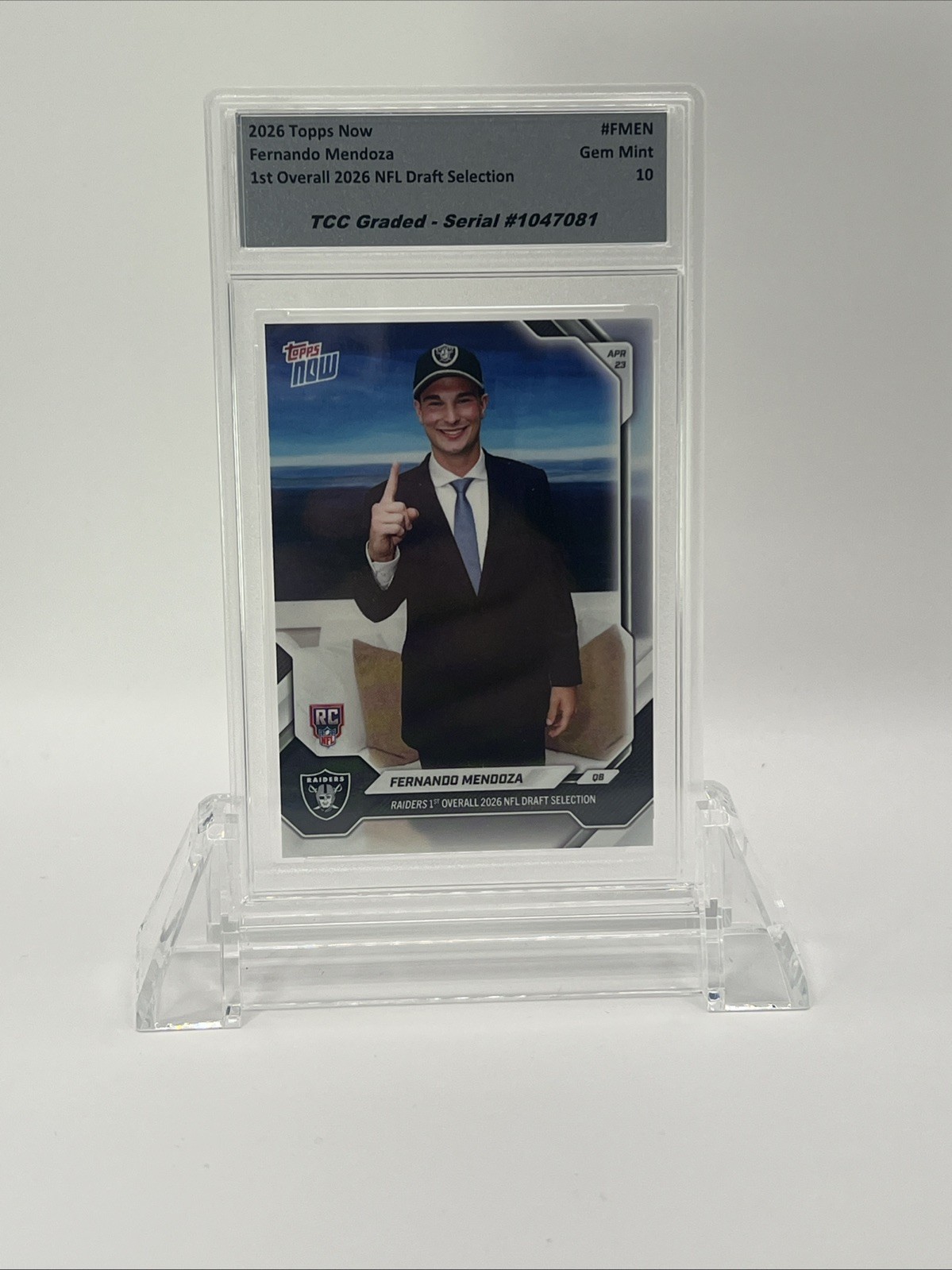 Presale 2026 Topps Now Fernando Mendoza NFL Draft #1 Pick TCC Graded Gem Mint 10