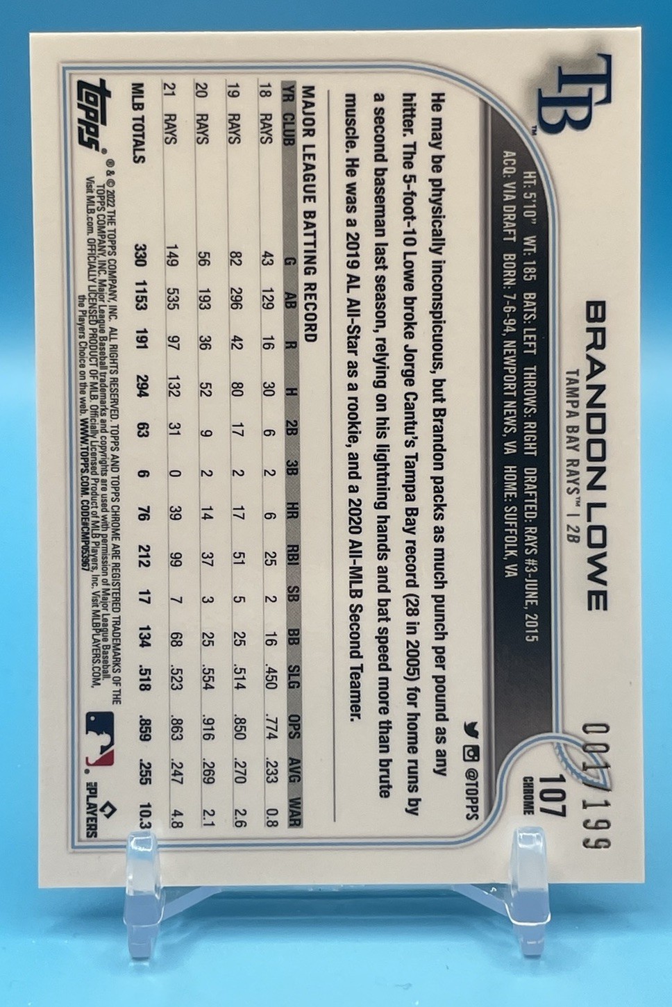 2022 Topps Chrome – Brandon Lowe 001/199 Aqua Refractor #107