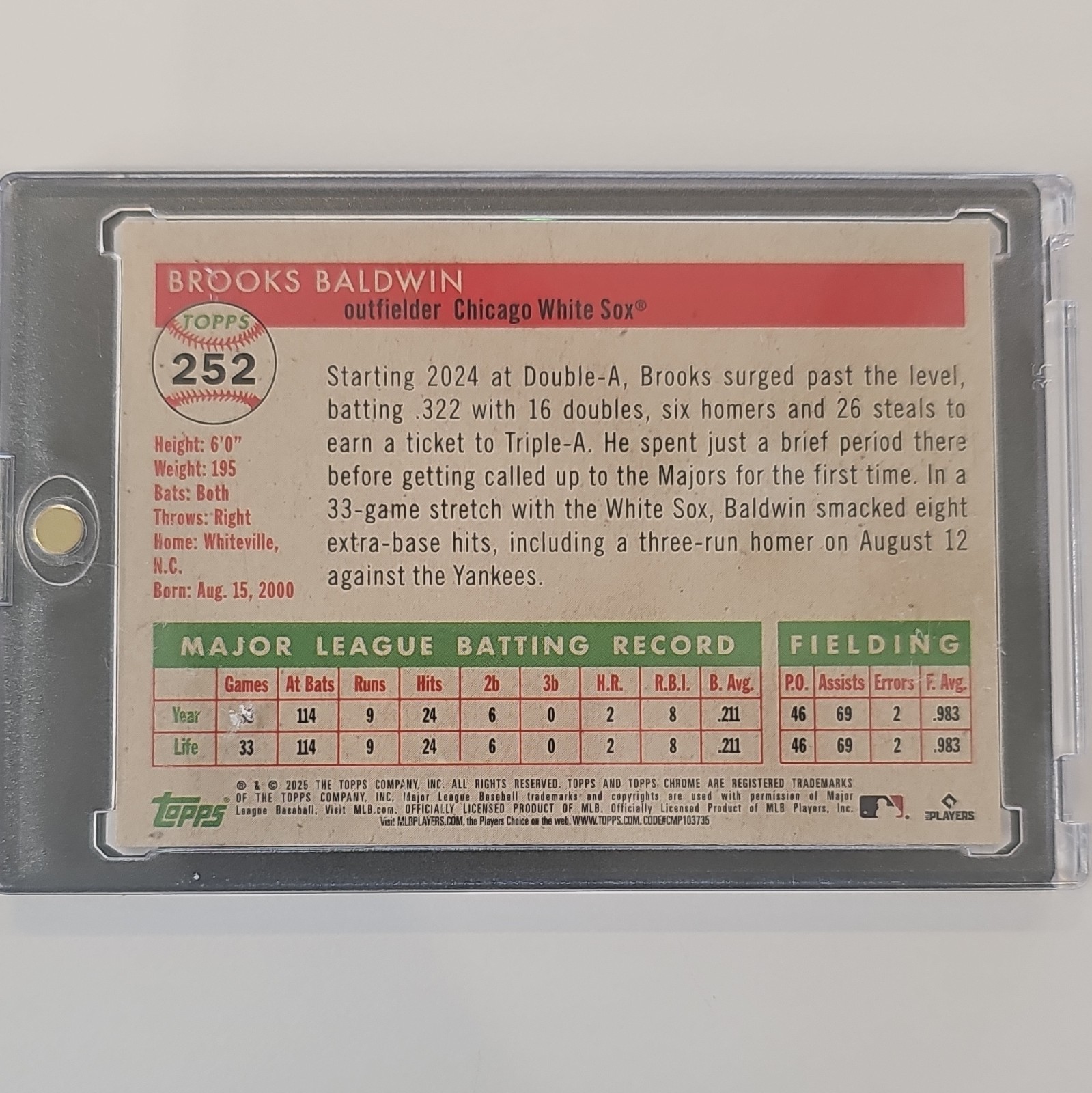 Topps 2025 Topps Chrome Brooks Baldwin RC #252 031/250 White Sox