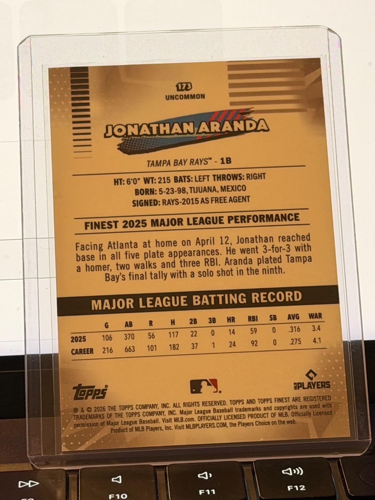 Jonathan Aranda 2026 Topps Finest MLB Gold X-Fractor /50 Uncommon #173 Rays