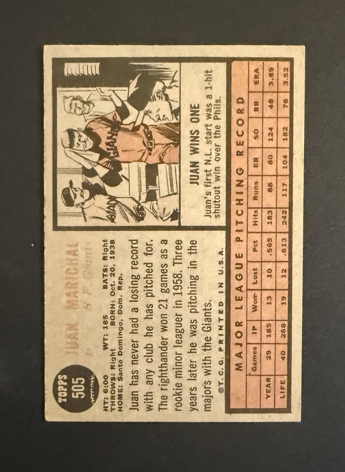 Juan Marichal 1962 Topps HOF Baseball Card #505 San Francisco Giants