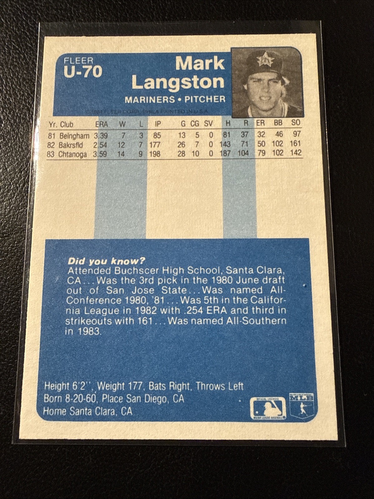1984 Fleer Update #U-70 Mark Langston RC Seattle Mariners NM