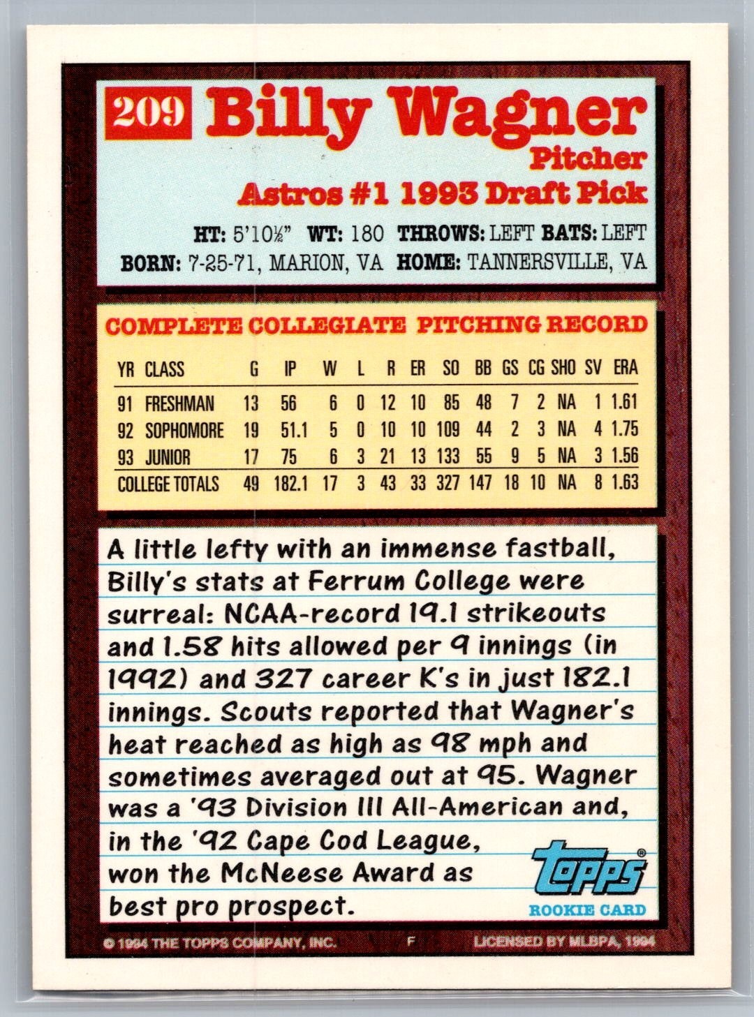 1994 Topps – Billy Wagner #209 (RC) – HOF NM-MT *TEXCARDS*