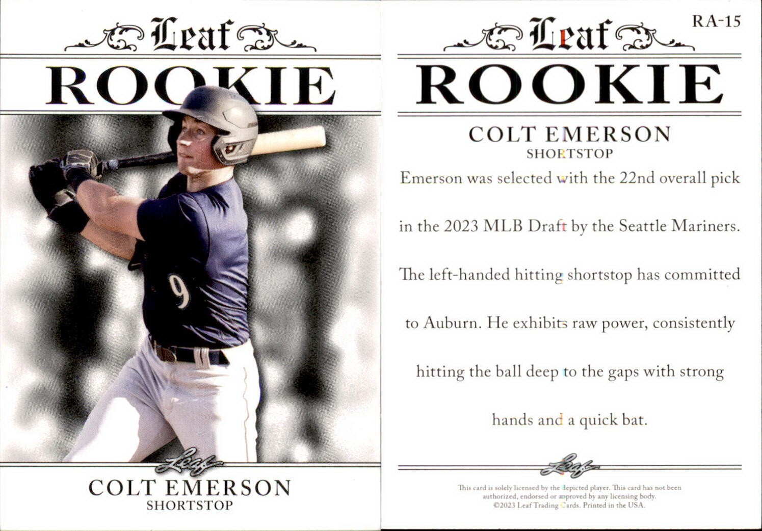 2023 Leaf Rookie Achievement Colt Emerson RC #RA-15 Seattle Mariners