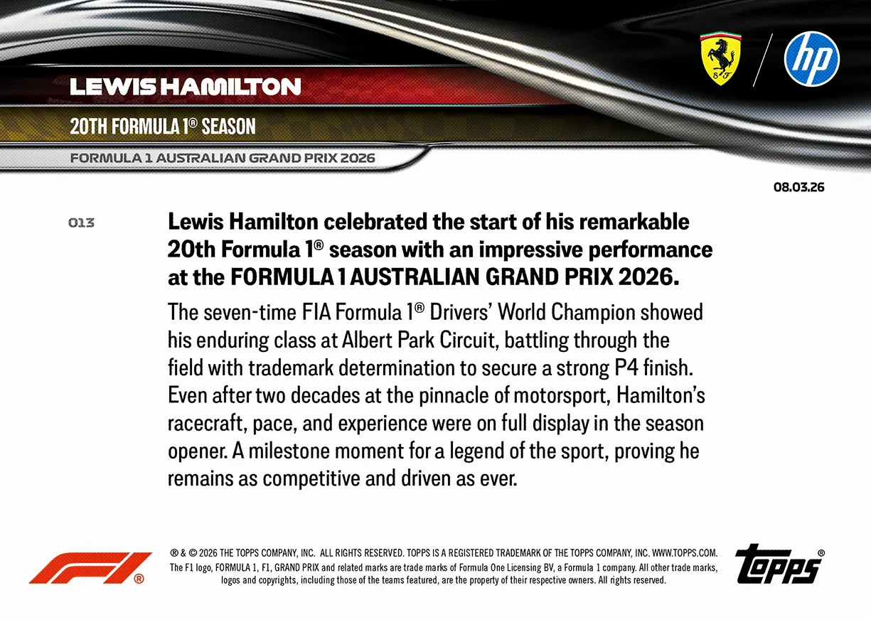 PRESALE 2026 Topps Now Lewis Hamilton 20th Formula 1 Season #13 Ferrari