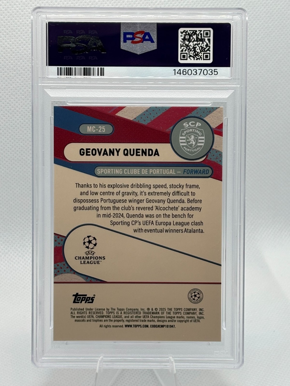 Geovany Quenda 2024 Topps Merlin Chrome UEFA Blue Merlin’s Chosen RC /150 PSA 9