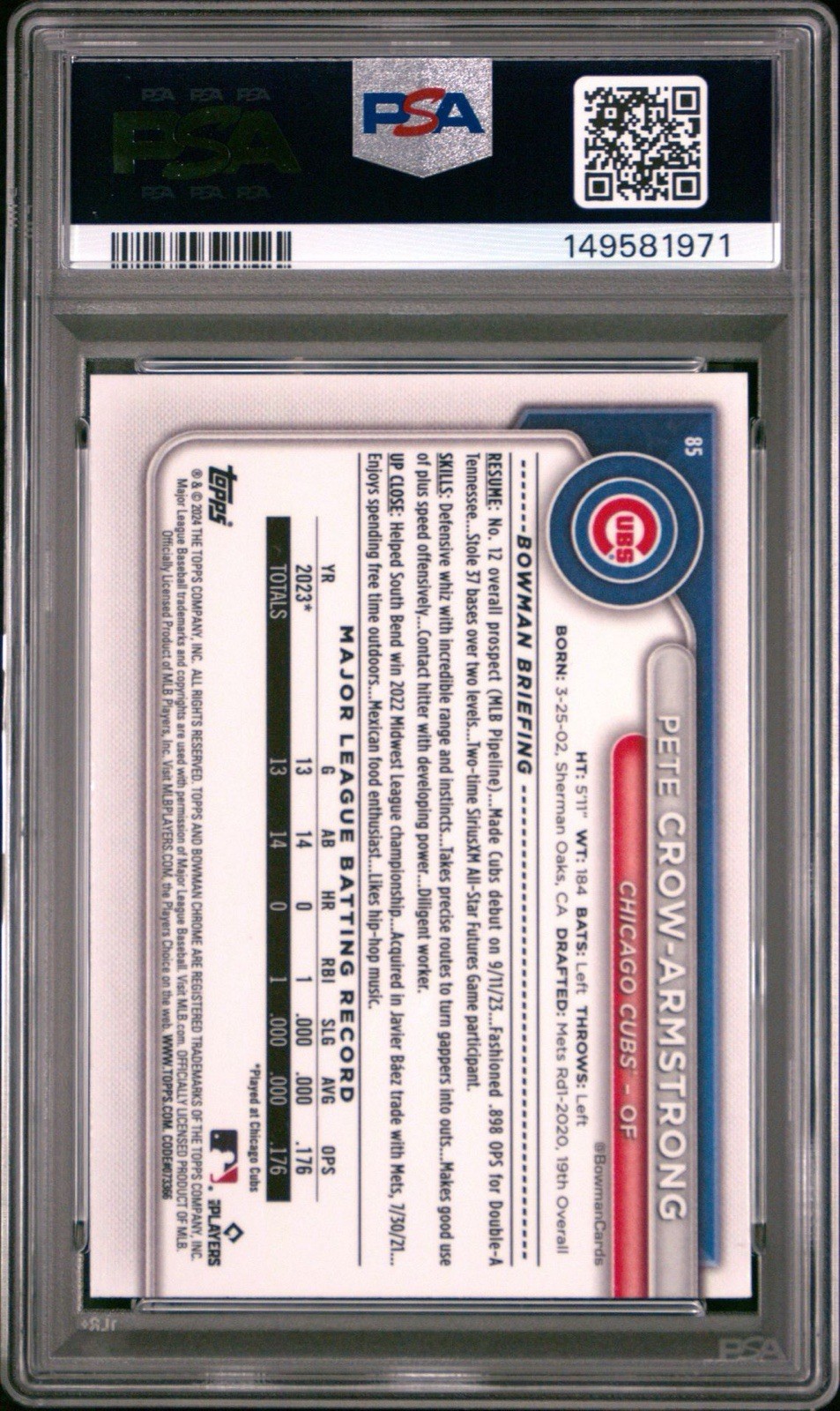 2024 Bowman #85 Pete Crow-Armstrong Mega Box Chrome Mojo Refractors PSA 10