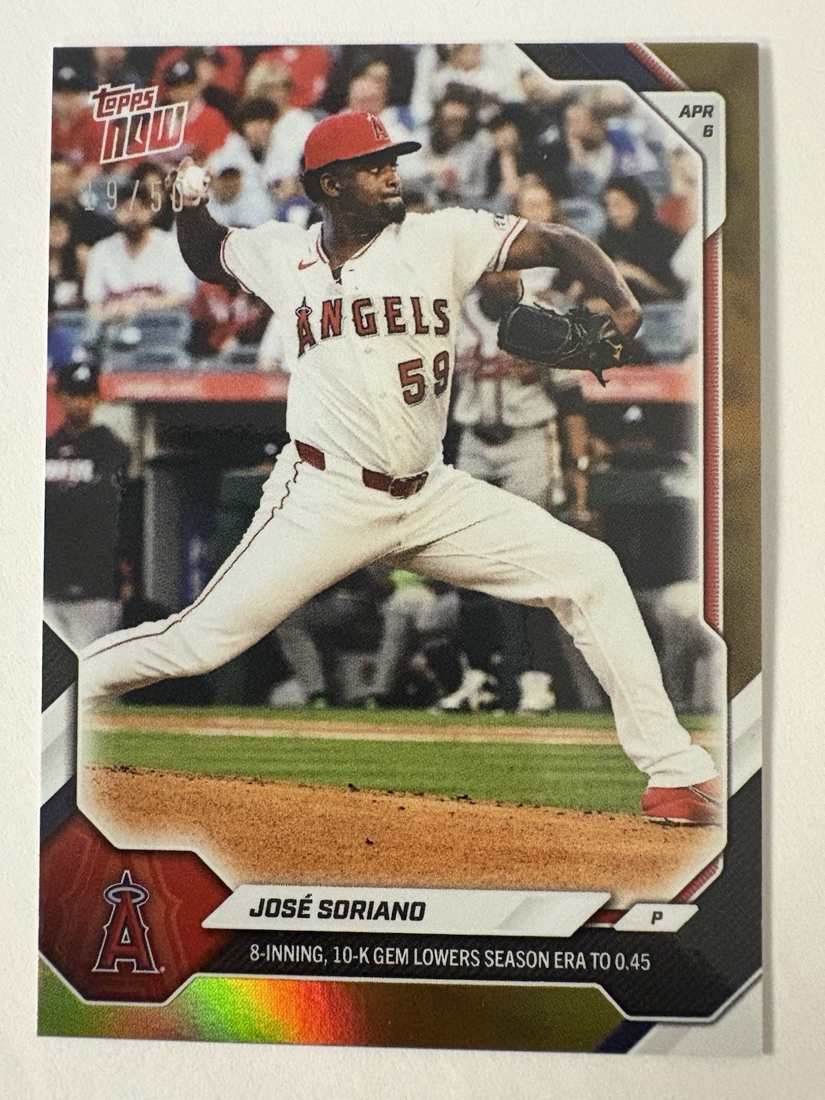 Jose Soriano Angels 8 IP 10 K Gem 0.45 ERA 2026 MLB Topps NOW #58 Gold 19/50