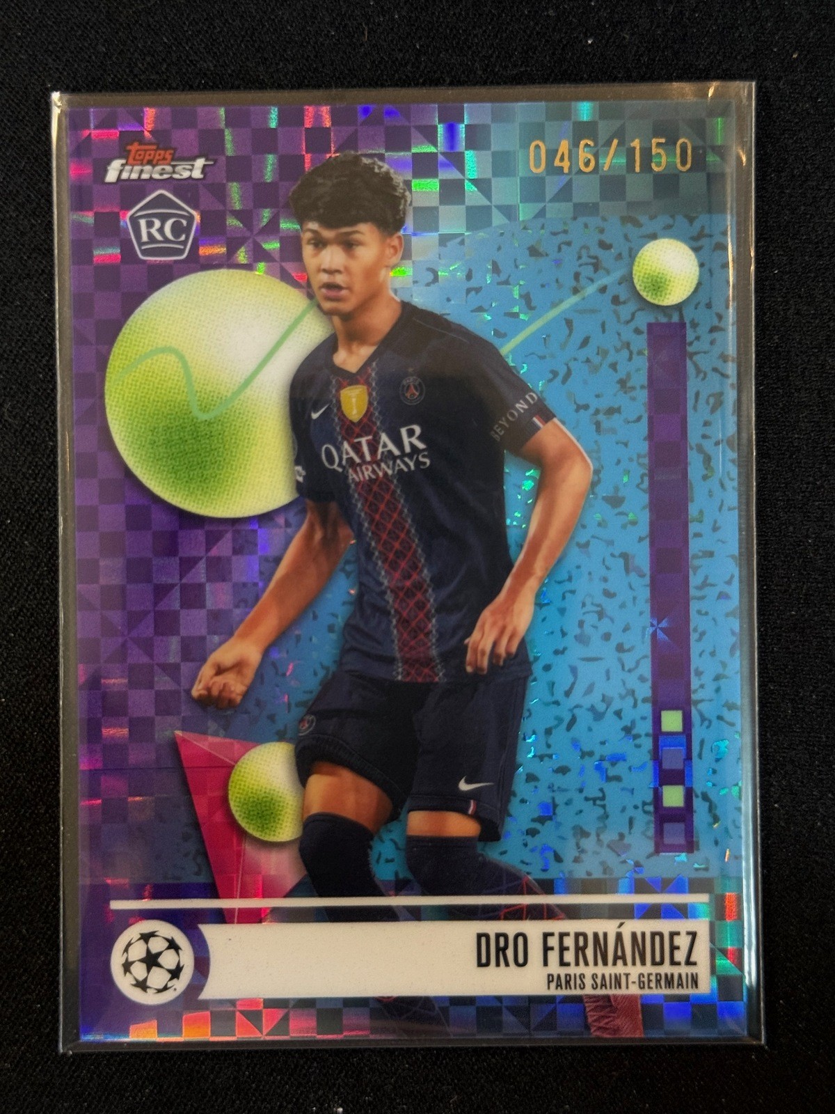 2025-26 Topps Finest UEFA Dro Fernandez Purple Checkerboard RC /150 PSG