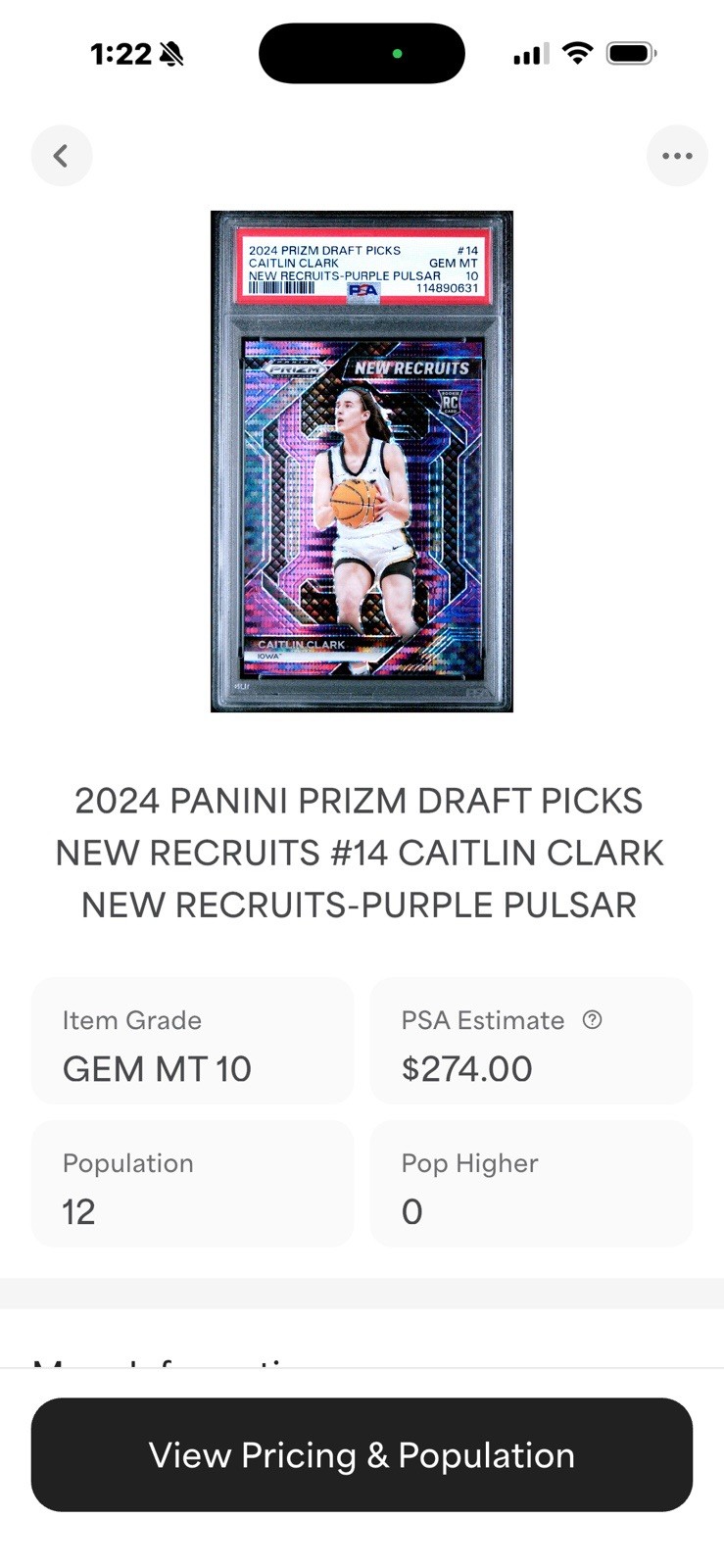2024 Panini Draft Picks New Recruits Caitlin Clark #14 Purple Pulsar RC PSA 10