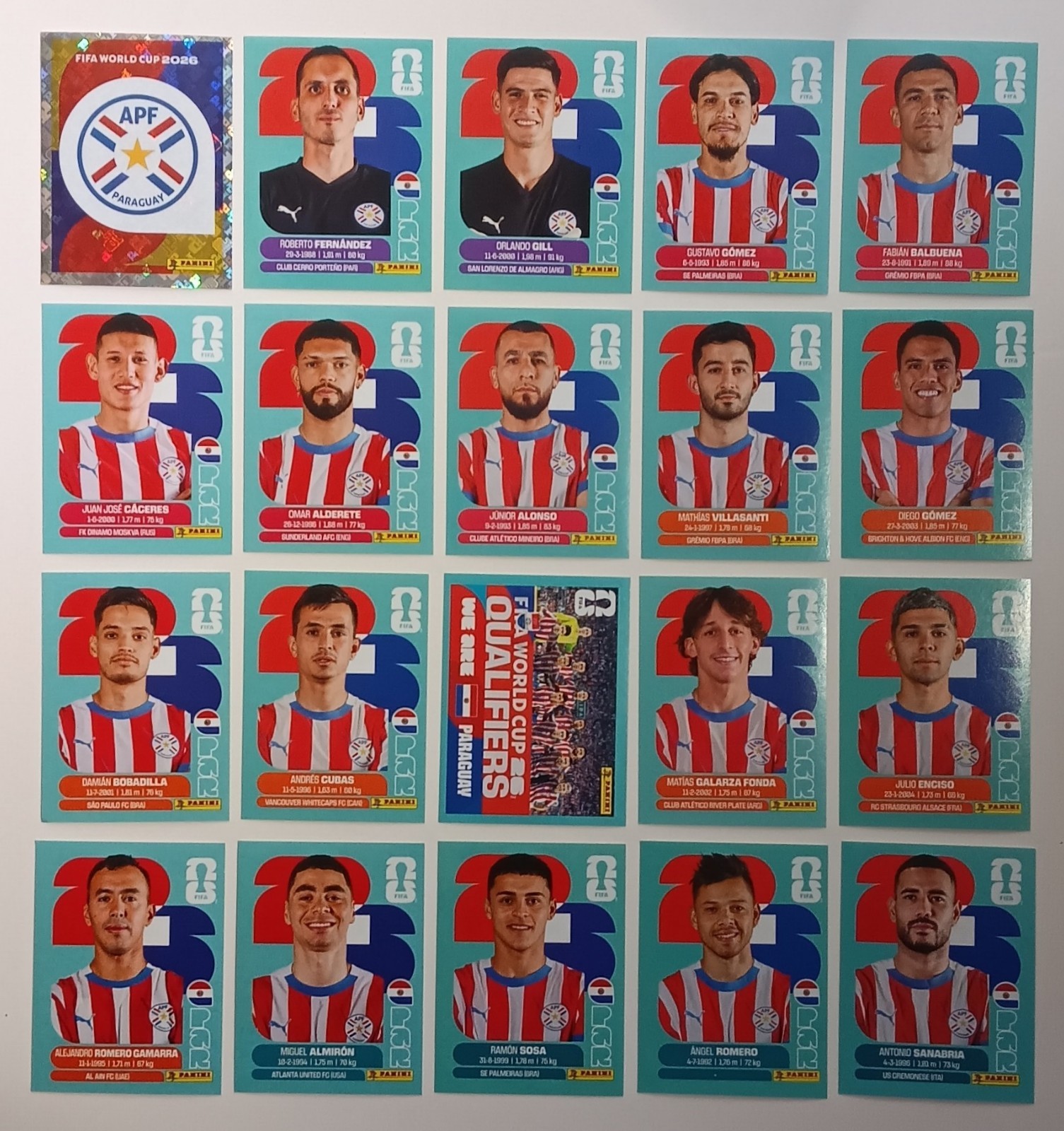 PARAGUAY Stickers FULL Team 2026 PANINI WORLD CUP VERSION LATINA 20 stickers