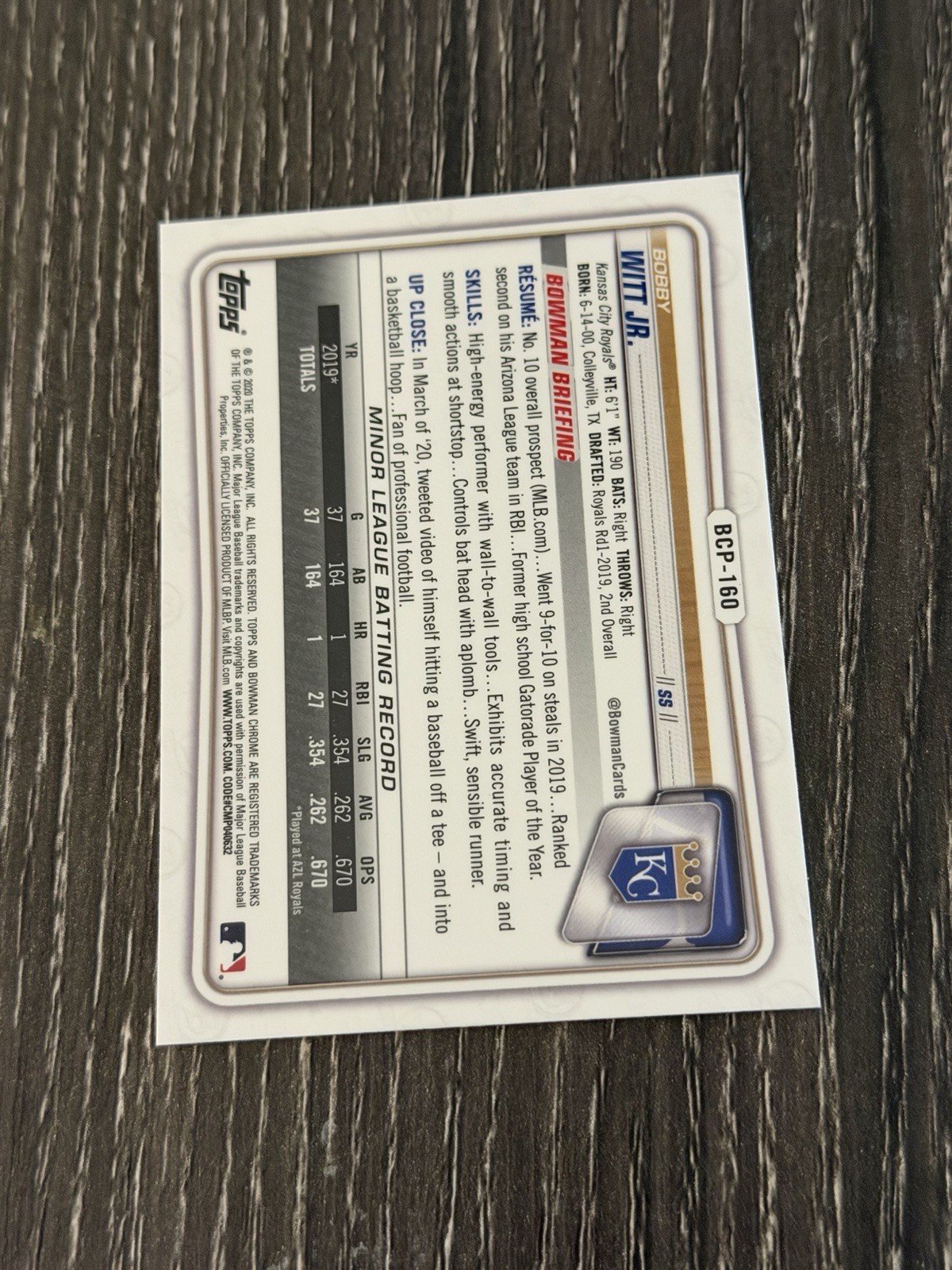 2020 Bowman Chrome Prospects #BCP-160 BOBBY WITT Jr Kansas City Royals Rookie RC