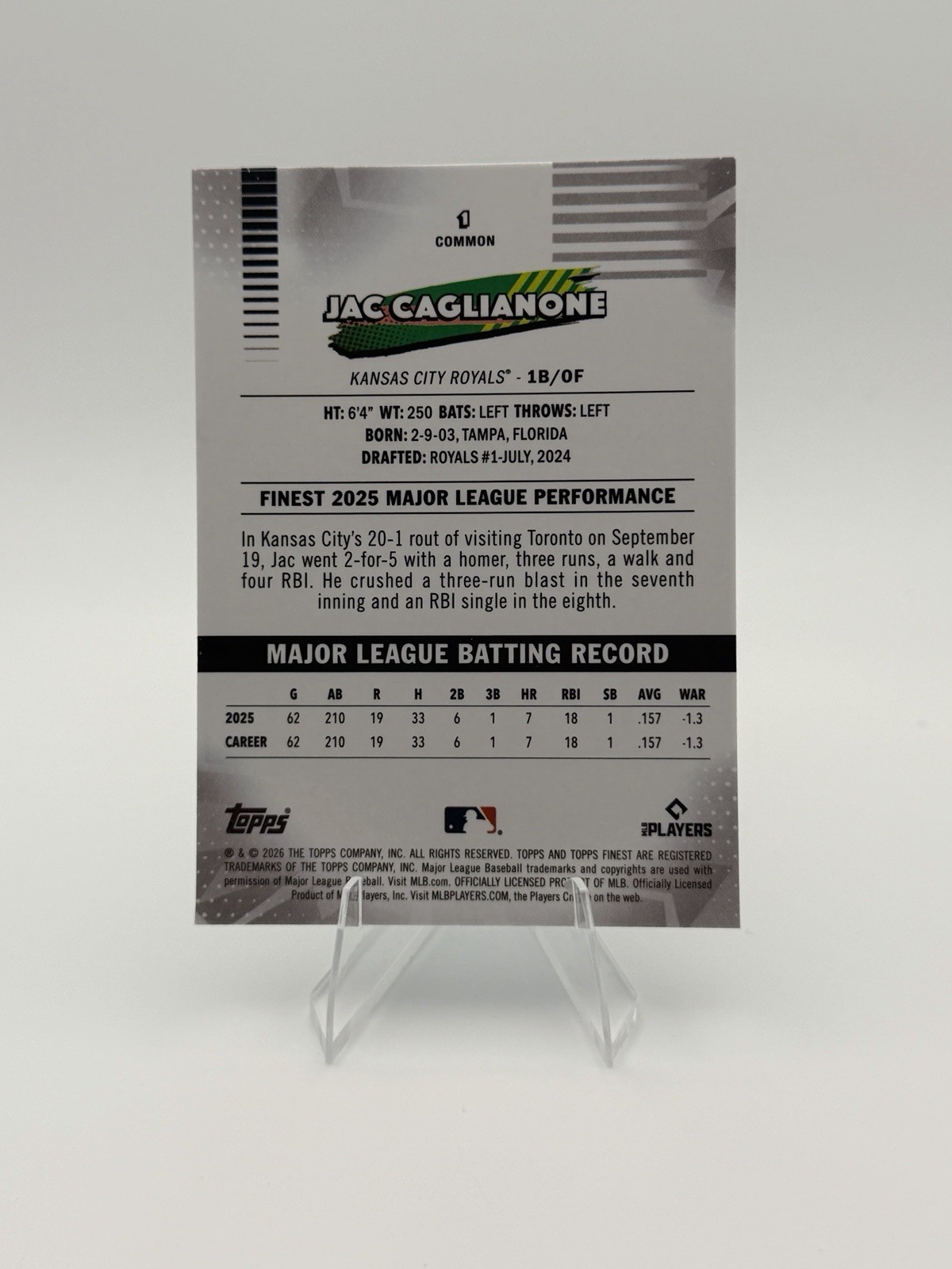 2026 Topps Finest Jac Caglianone RC Aqua /199 #1 KC Royals