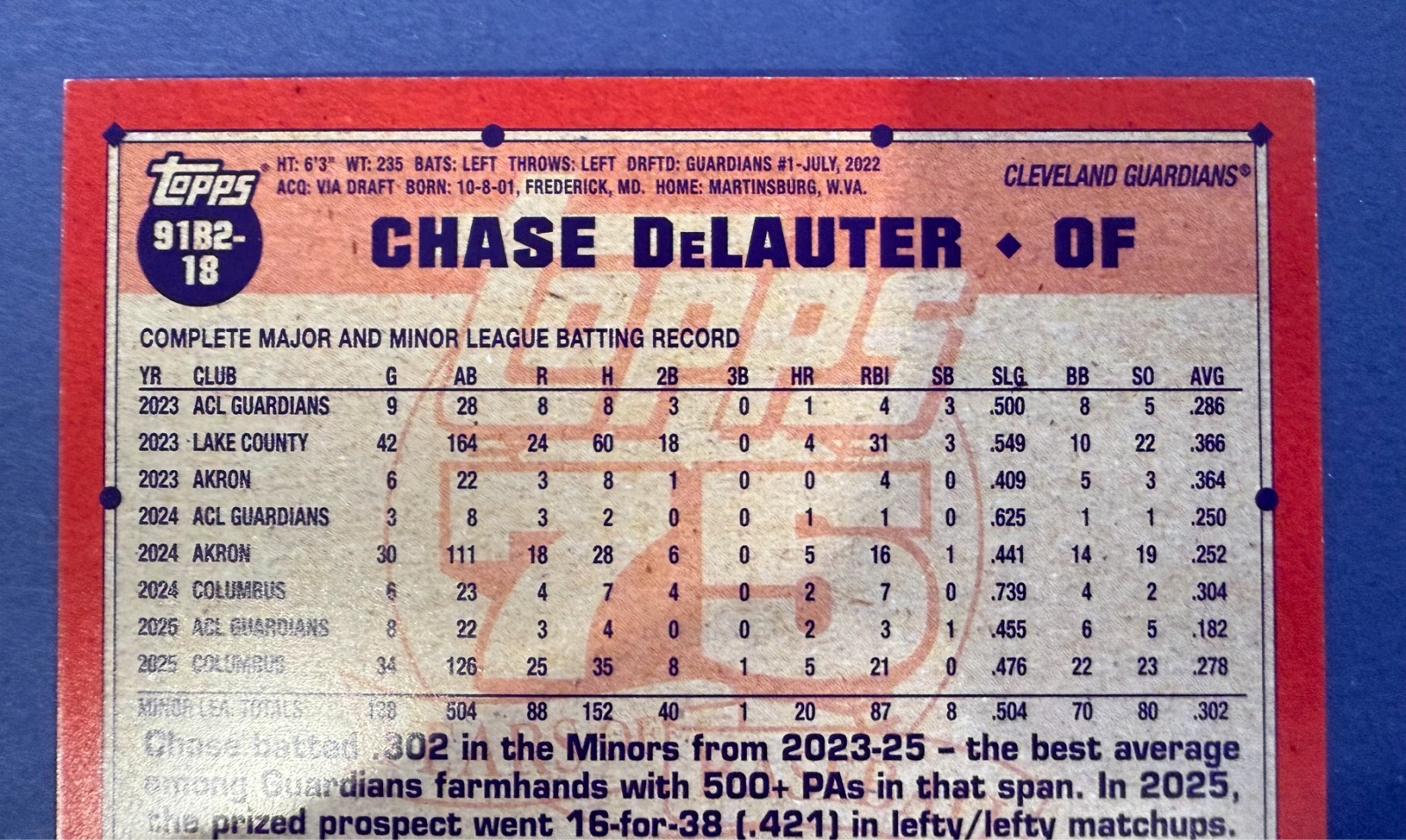 2026 Topps Series 2 CHASE DELAUTER Black Crackle Foil 10/10 #91B218 Guardians RC