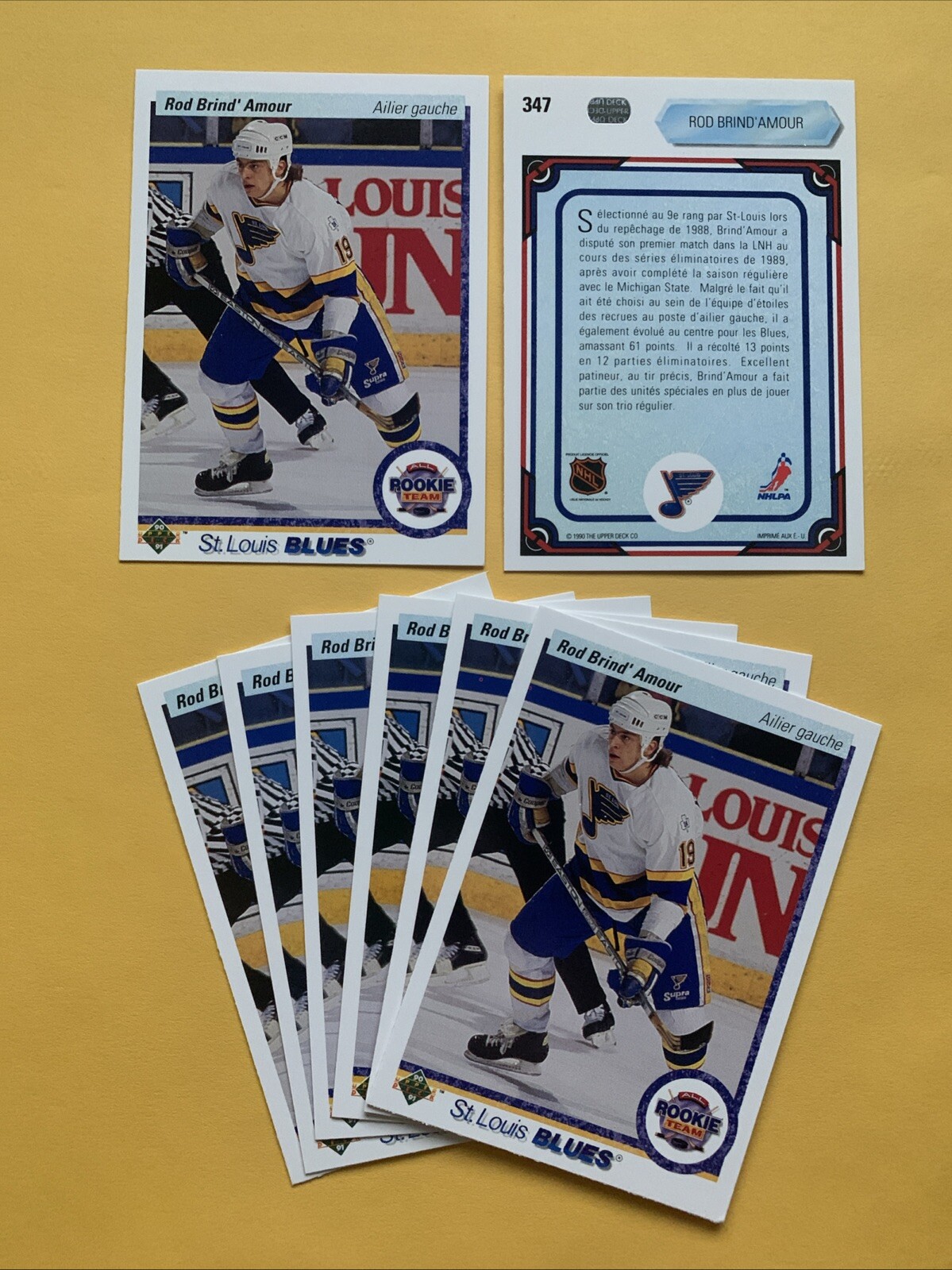 Rod Brind’Amour RC rookie card, 1990-91 Upper Deck French #347, St. Louis Blues