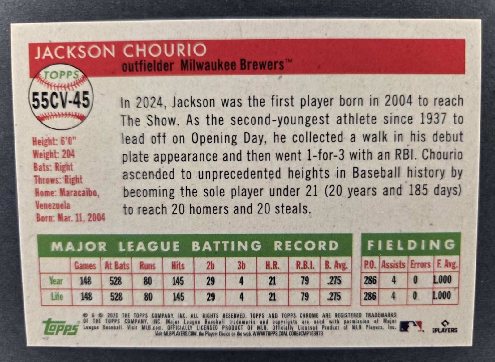 Jackson Chourio | 2025 Topps Platinum Anniversary | 55CV-45 City Variation SSP