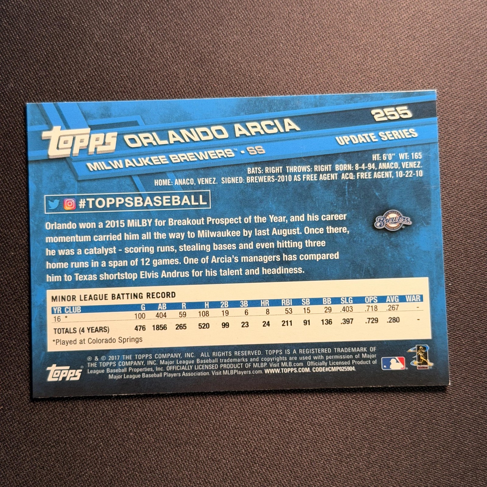 2017 Topps Update #255 Orlando Arcia Glove On Smiling Variation SSP RC