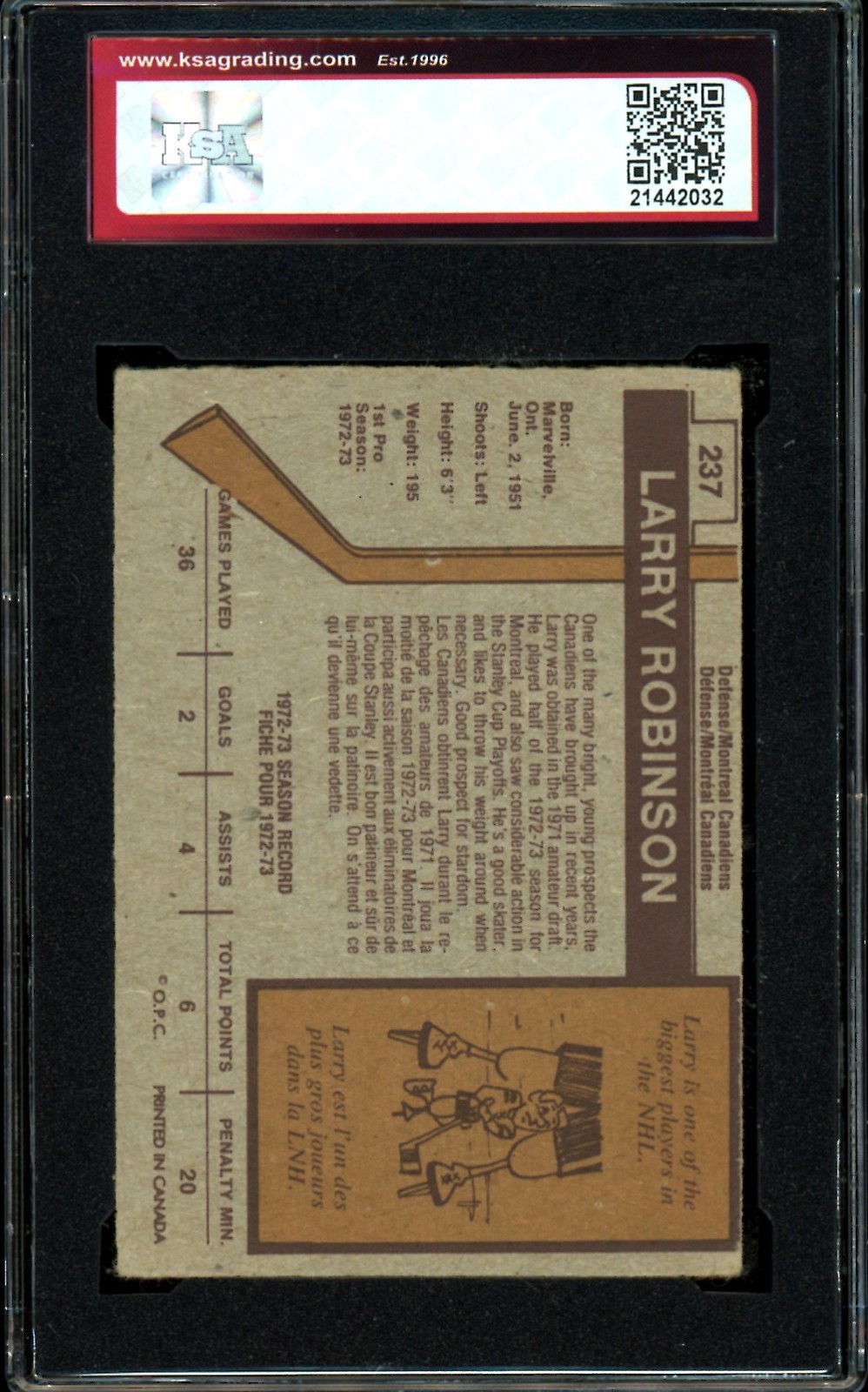 1973-74 OPC O-PEE-CHEE #237 Larry Robinson HOF RC KSA 3.5 VG + Canadiens Rookie
