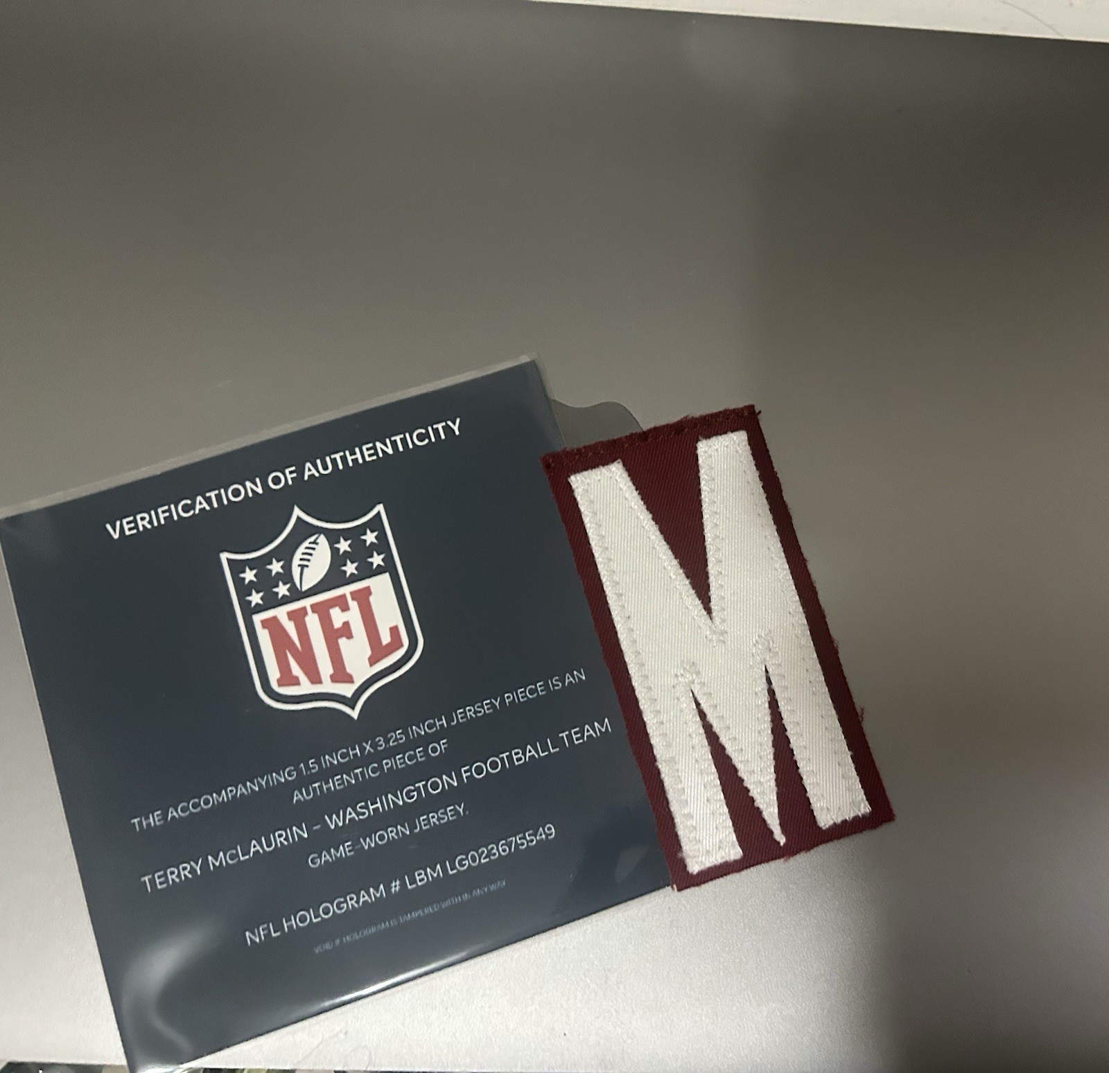 Terry McLaurin Washington Game Used Game Worn Nameplate Letter Jersey Patch COA