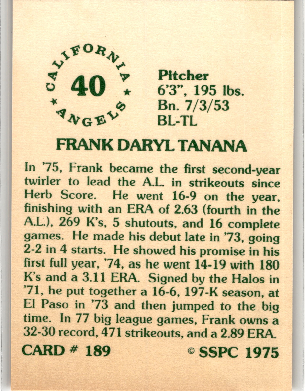 1976 SSPC #189 Frank Tanana