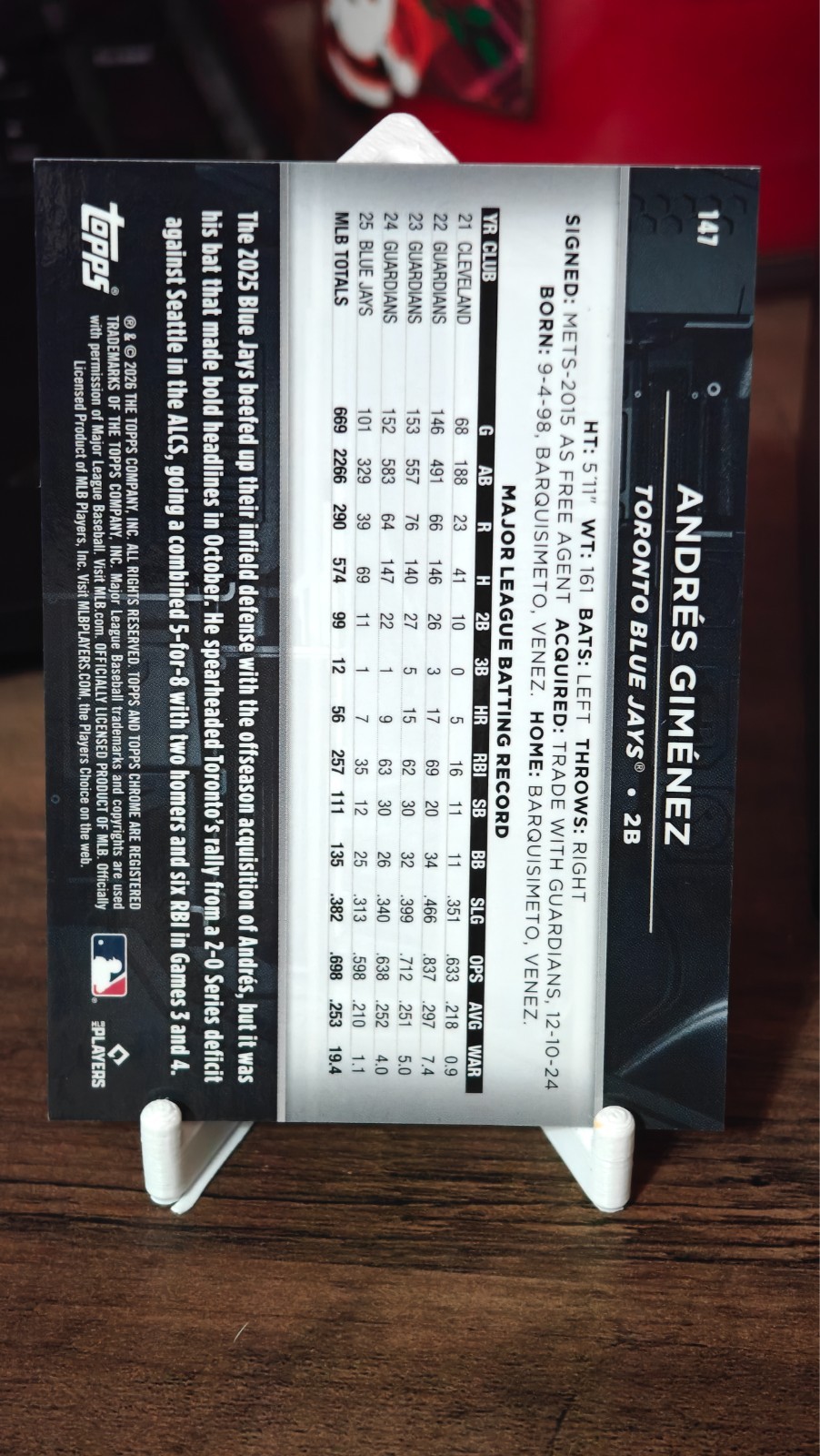 2026 Chrome Black /25 Andres Gimenez #147 Orange Mini Diamond Blue Jays