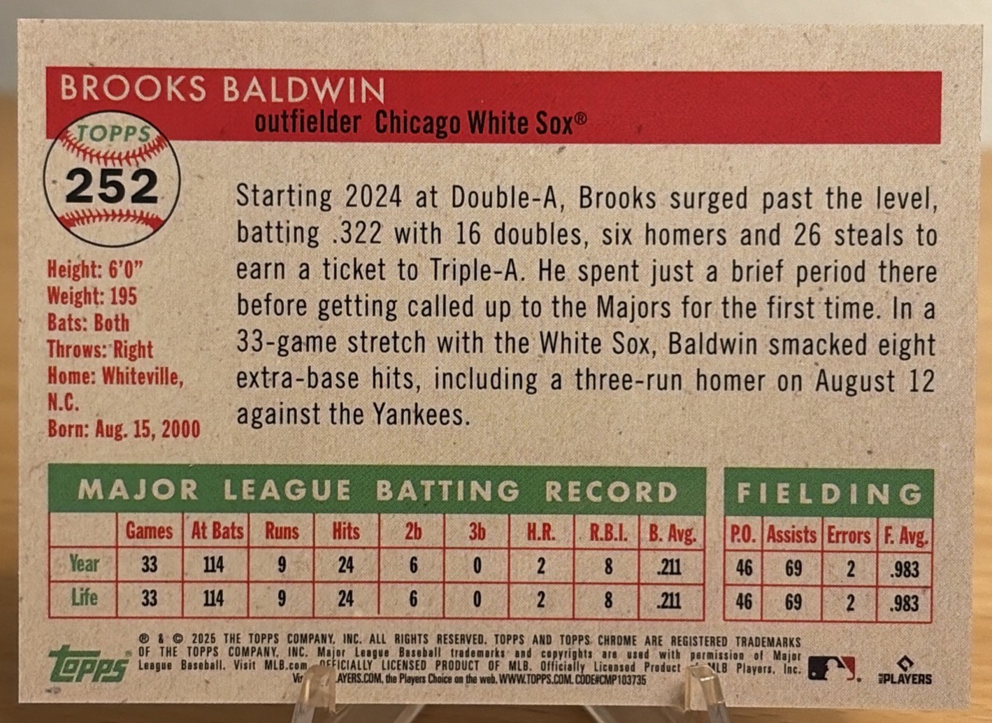 2025 Topps Chrome Platinum Anniversary Brooks Baldwin Orange Wave 15/25 RC