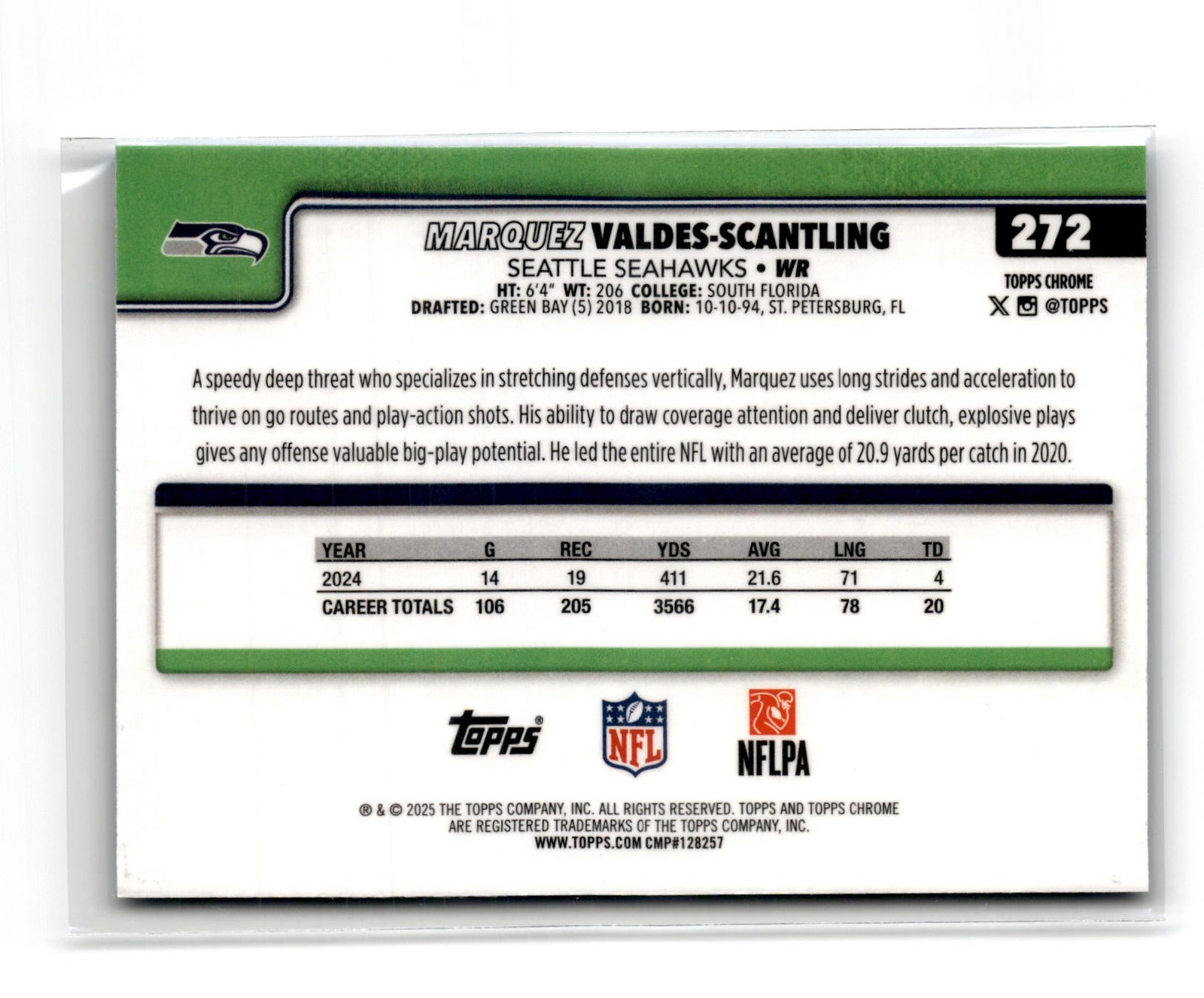 Marquez Valdes-Scantling 2025 Topps Chrome Sapphire #272 Seattle Seahawks