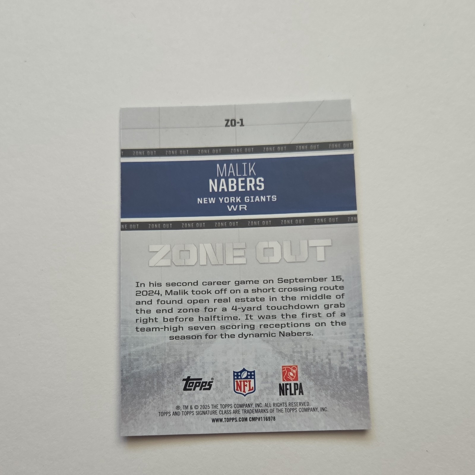 Topps 2025 Signature Class Zone Out Malik Nabers Total Yards #ZO-1 Giants