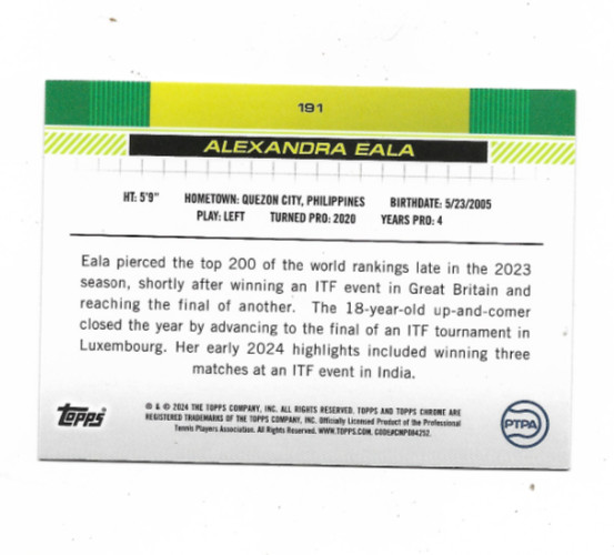 2024 Topps Chrome—–TENNIS———ALEXANDRA EALA—ROOKIE BASE CARD #191
