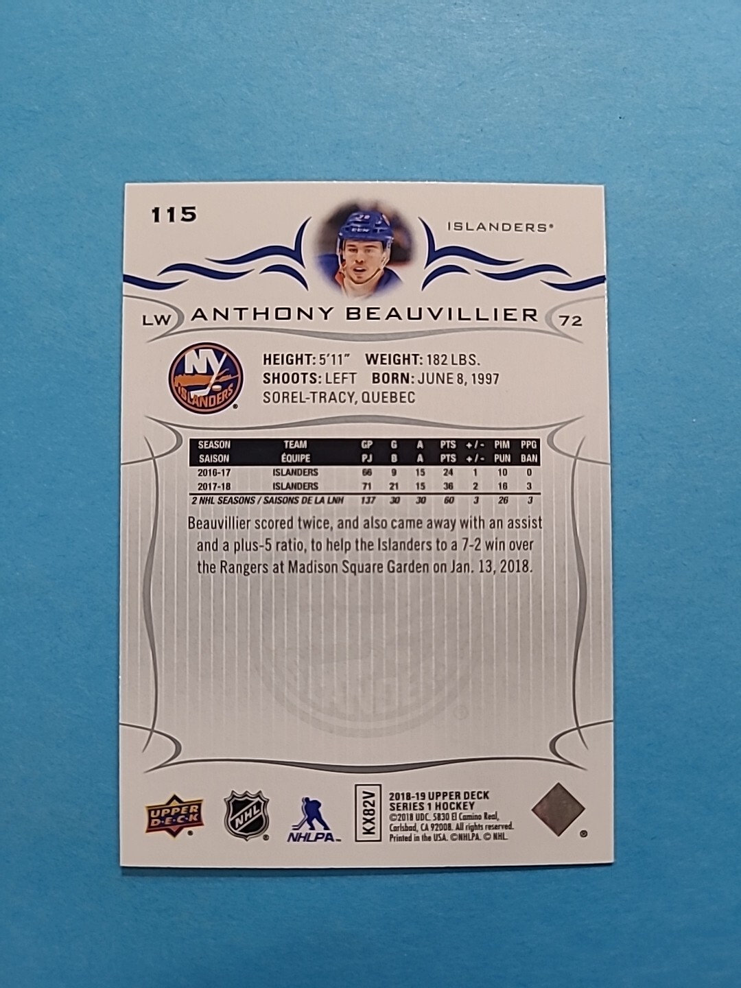 ANTHONY BEAUVILLIER 2018-19 UPPER DECK HOCKEY CARD # 115 H6100