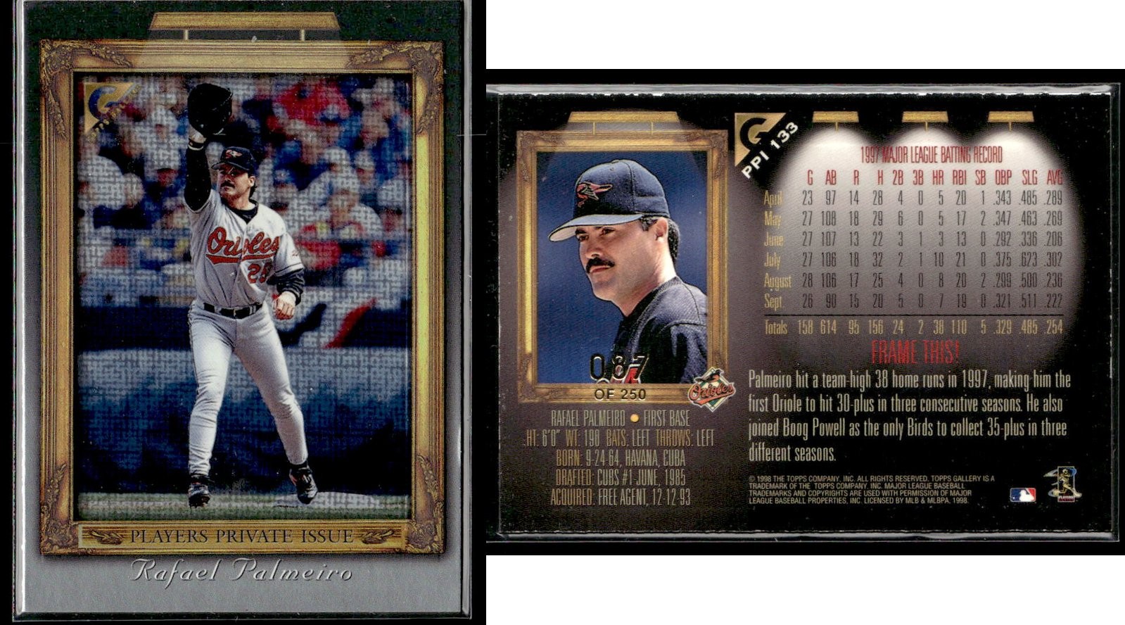 1998 Topps Gallery RAFAEL PALMEIRO Players Private Issue #PPI 133 #/250
