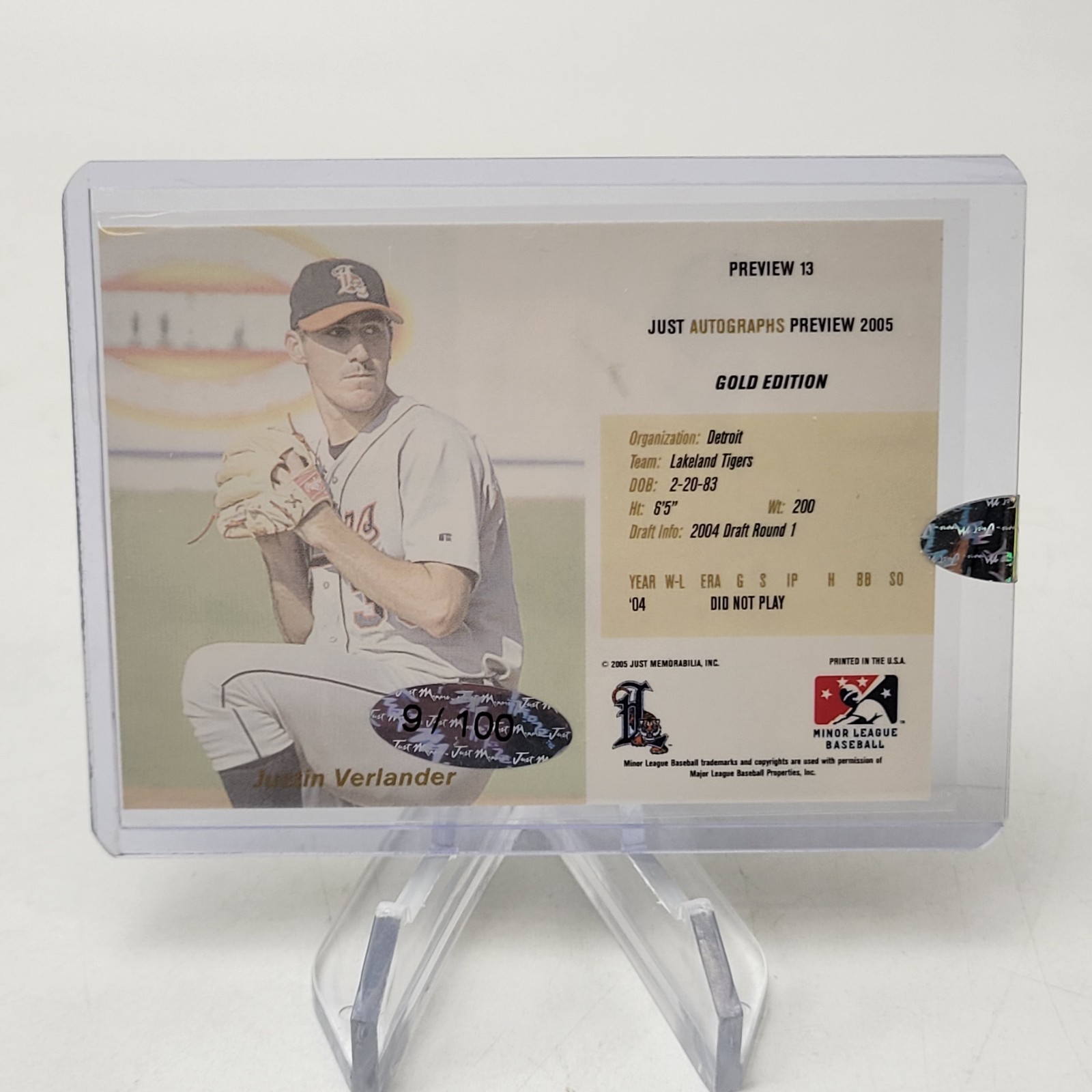2005 Just Minors, JUSTIN VERLANDER, Auto Preview, Rookie Card RC, Gold #9/100