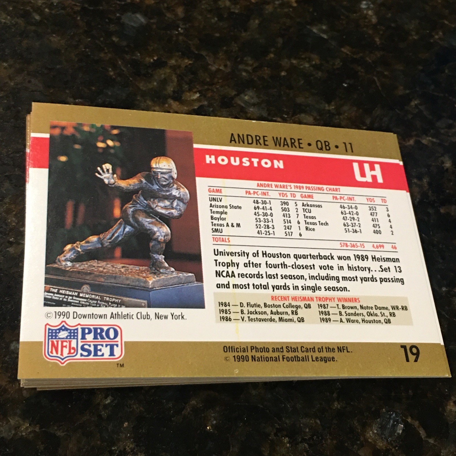 1990 Pro Set Andre Ware Rookie Card #19 Houston Cougars Heisman Trophy Winner