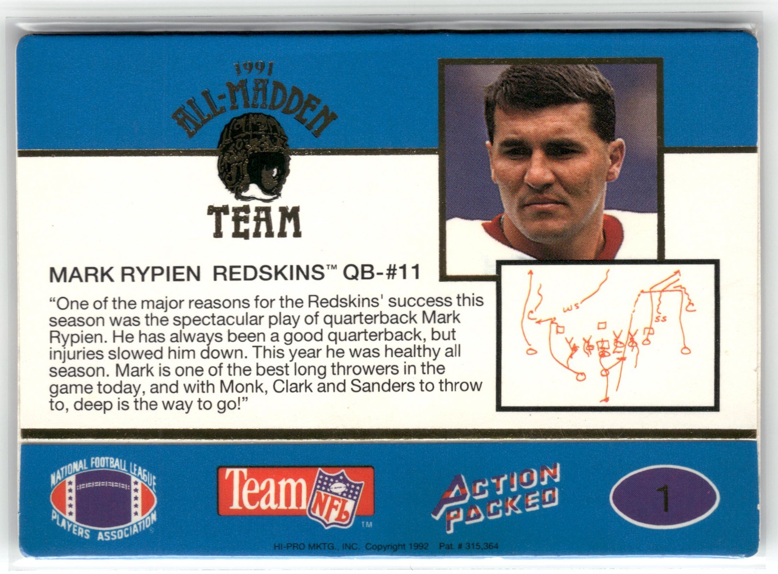 1991 Action Packed The All-Madden Team – Mark Rypien #1 Redskins