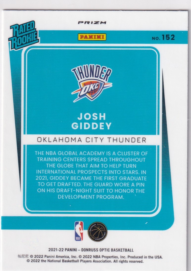 2021-22 OPTIC PRIZMS PULSAR RATED ROOKIE RC JOSH GIDDEY CHICAGO BULLS NBA z6100